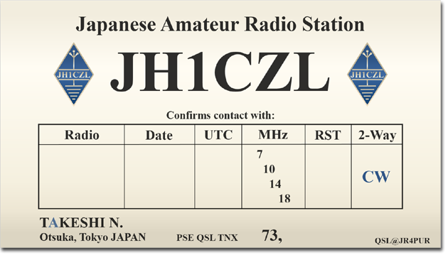 QSLカード テンプレート 印刷 デザイン 自作 作成 書き方 送り方 レポート面 問題 QSL@JR4PUR #263 - A JH1CZL QSL